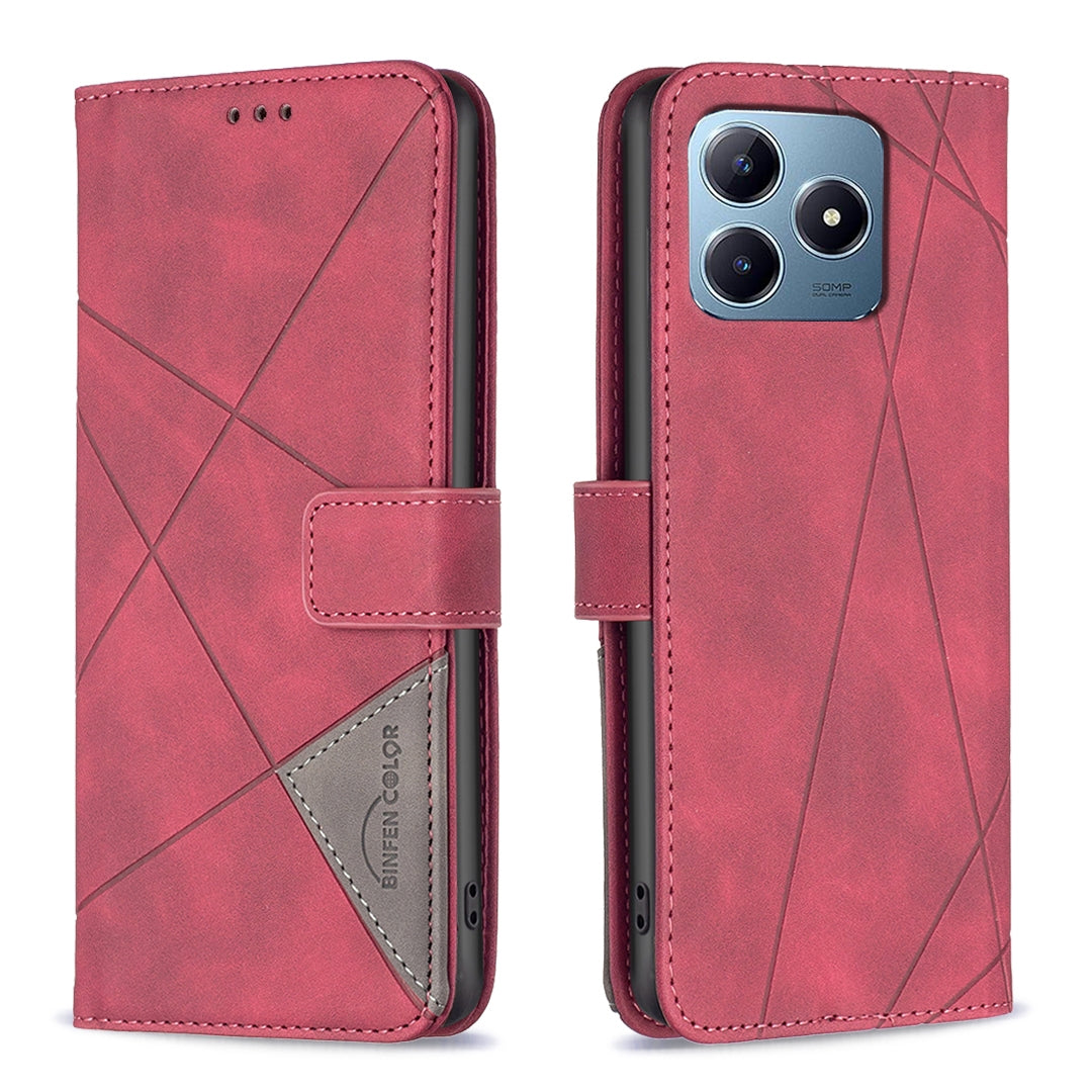 Realme C63 Wallet Case – Rhombus Texture PU Leather, Magnetic Buckle, Card Slots, Stand Function, Shockproof Protective Cover