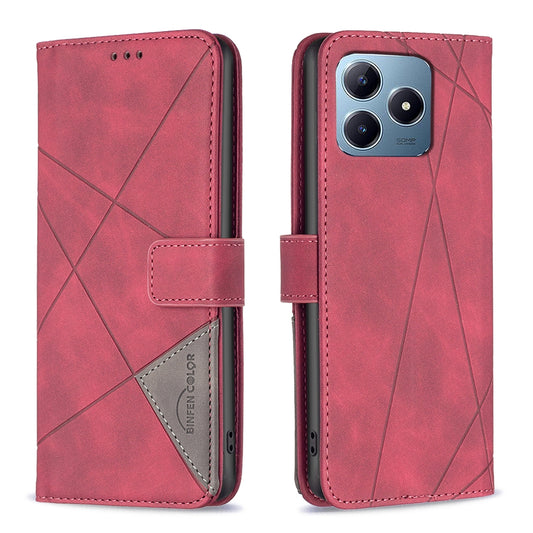Realme C63 Wallet Case – Rhombus Texture PU Leather, Magnetic Buckle, Card Slots, Stand Function, Shockproof Protective Cover