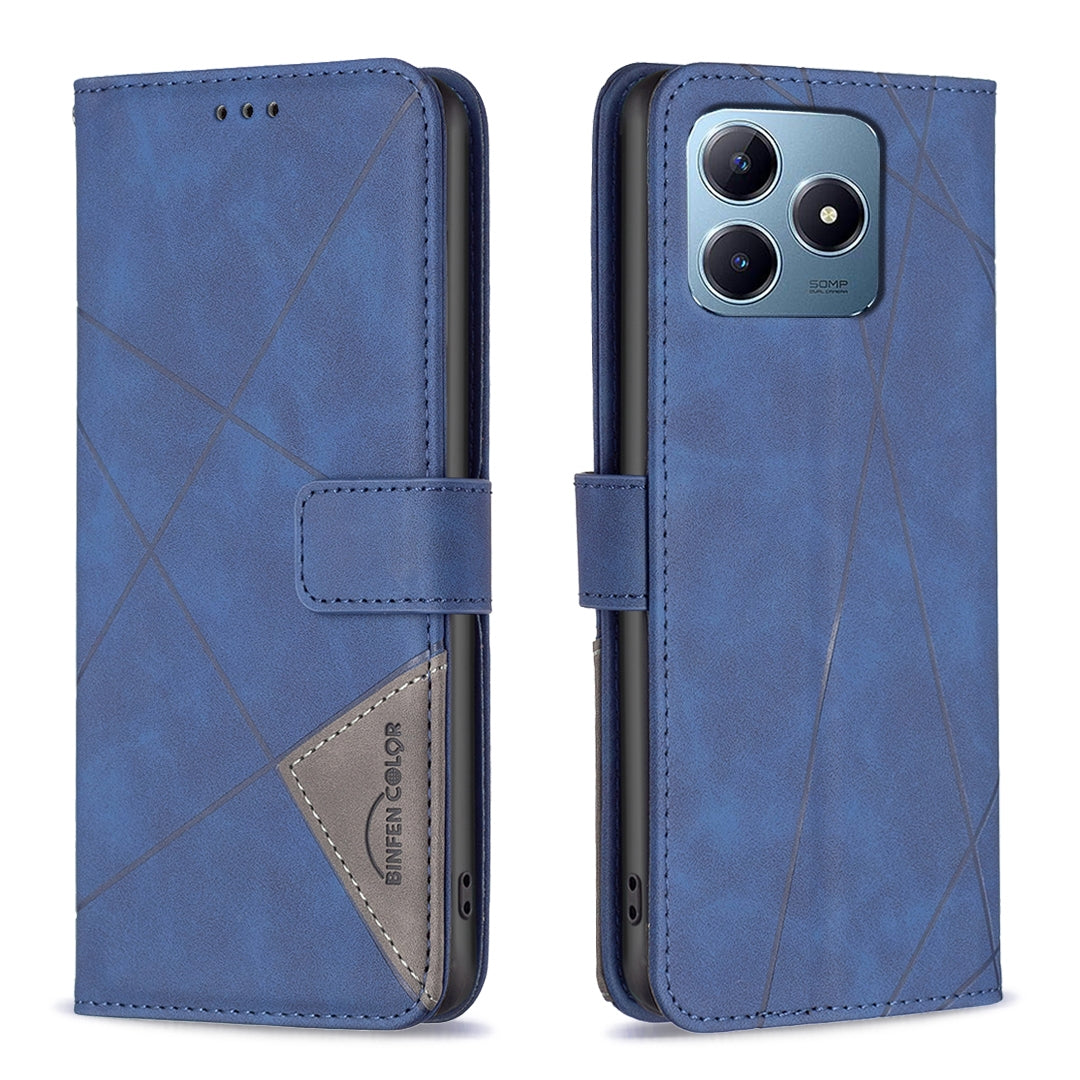 Realme C63 Wallet Case – Rhombus Texture PU Leather, Magnetic Buckle, Card Slots, Stand Function, Shockproof Protective Cover