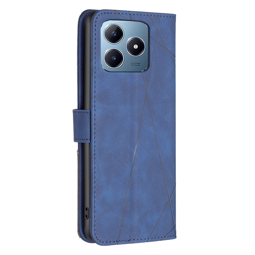 Realme C63 Wallet Case – Rhombus Texture PU Leather, Magnetic Buckle, Card Slots, Stand Function, Shockproof Protective Cover