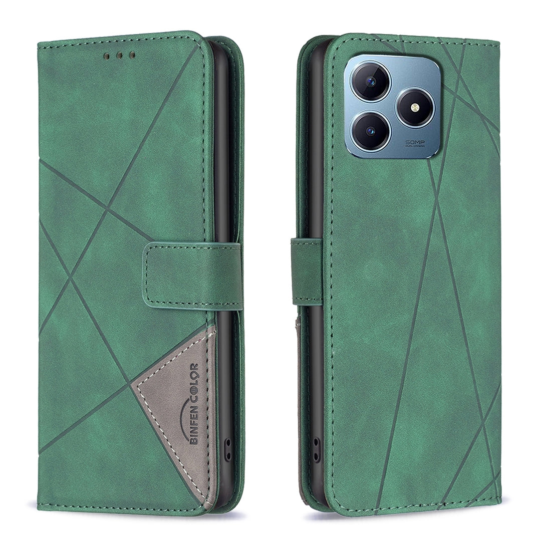Realme C63 Wallet Case – Rhombus Texture PU Leather, Magnetic Buckle, Card Slots, Stand Function, Shockproof Protective Cover