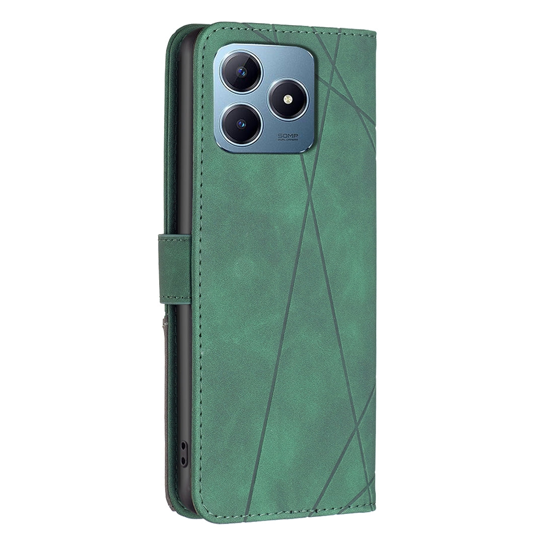 Realme C63 Wallet Case – Rhombus Texture PU Leather, Magnetic Buckle, Card Slots, Stand Function, Shockproof Protective Cover