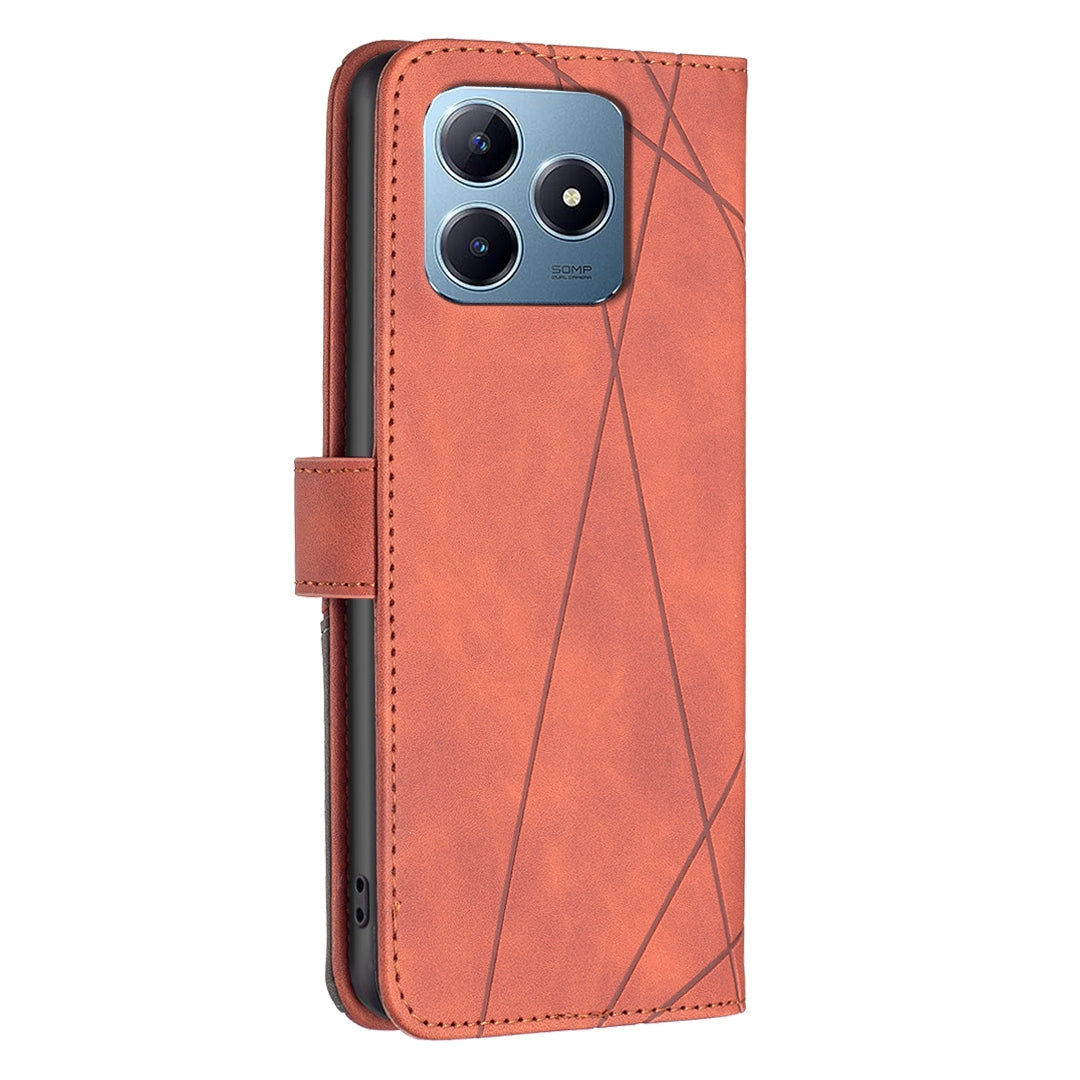 Realme C63 Wallet Case – Rhombus Texture PU Leather, Magnetic Buckle, Card Slots, Stand Function, Shockproof Protective Cover