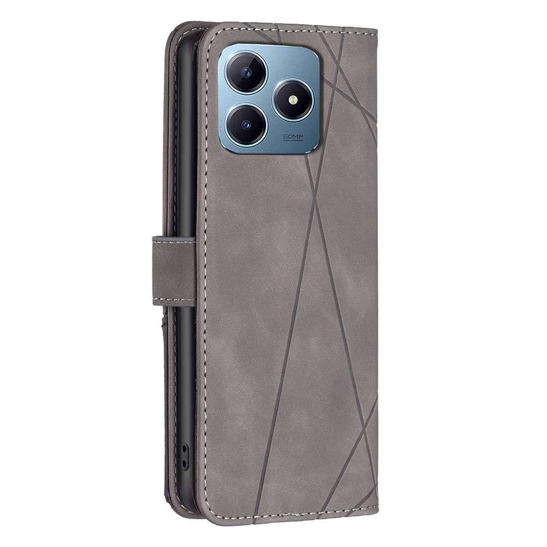 Realme C63 Wallet Case – Rhombus Texture PU Leather, Magnetic Buckle, Card Slots, Stand Function, Shockproof Protective Cover