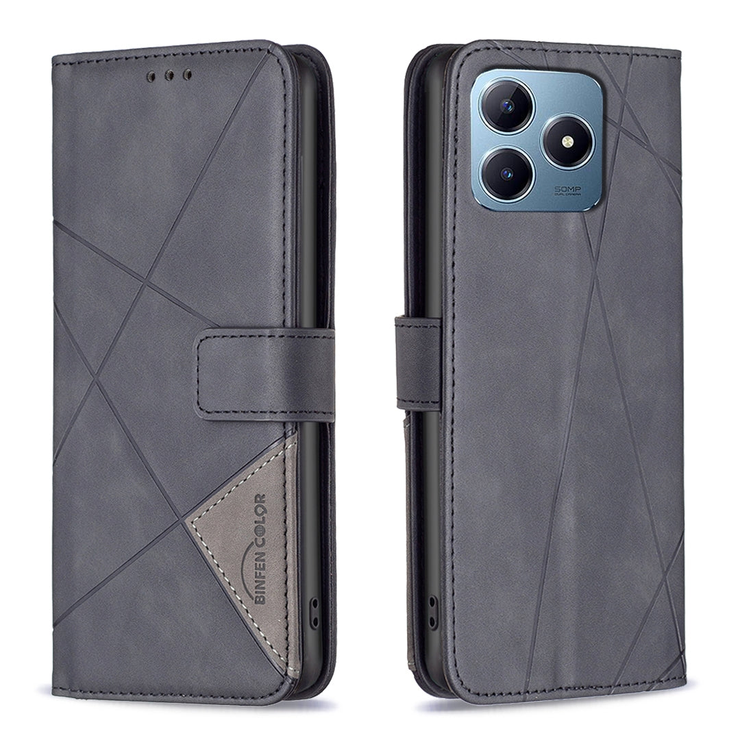 Realme C63 Wallet Case – Rhombus Texture PU Leather, Magnetic Buckle, Card Slots, Stand Function, Shockproof Protective Cover