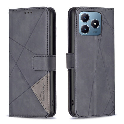 Realme C63 Wallet Case – Rhombus Texture PU Leather, Magnetic Buckle, Card Slots, Stand Function, Shockproof Protective Cover