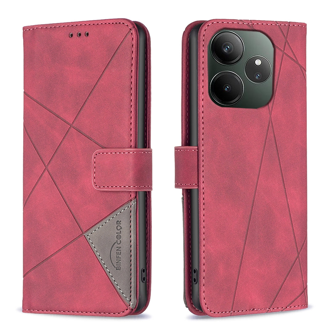 Realme GT 6 Wallet Case – Rhombus Texture PU Leather, Magnetic Buckle, Card Slots, Stand Function, Shockproof Protective Cover