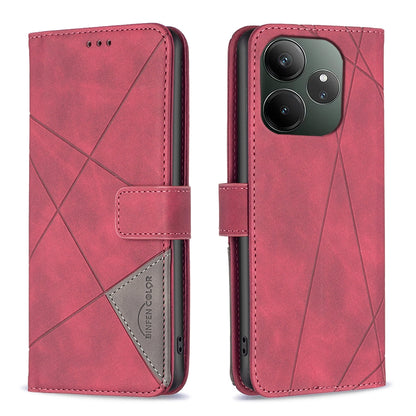 Realme GT 6 Wallet Case – Rhombus Texture PU Leather, Magnetic Buckle, Card Slots, Stand Function, Shockproof Protective Cover