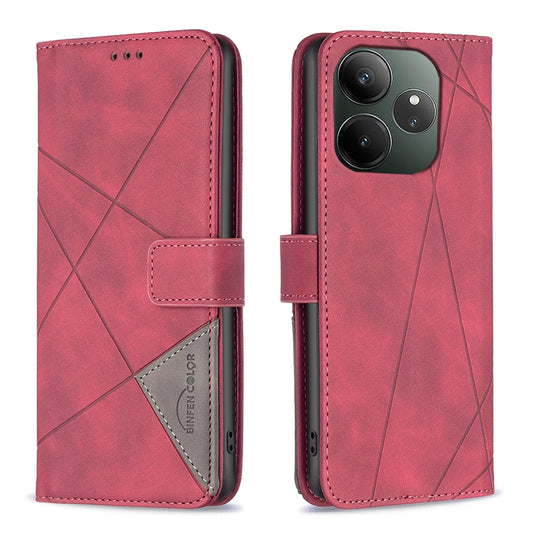Realme GT 6 Wallet Case – Rhombus Texture PU Leather, Magnetic Buckle, Card Slots, Stand Function, Shockproof Protective Cover