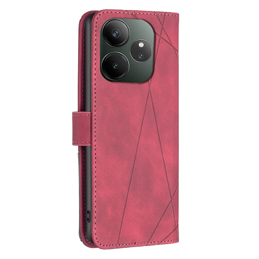 Realme GT 6 Wallet Case – Rhombus Texture PU Leather, Magnetic Buckle, Card Slots, Stand Function, Shockproof Protective Cover