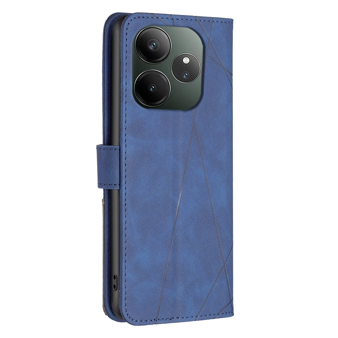 Realme GT 6 Wallet Case – Rhombus Texture PU Leather, Magnetic Buckle, Card Slots, Stand Function, Shockproof Protective Cover