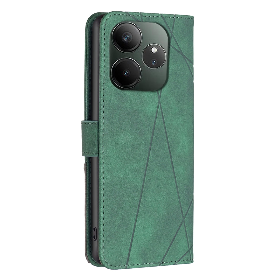 Realme GT 6 Wallet Case – Rhombus Texture PU Leather, Magnetic Buckle, Card Slots, Stand Function, Shockproof Protective Cover
