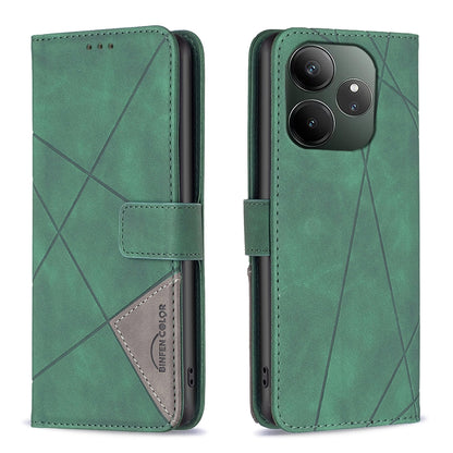Realme GT 6T Wallet Case – Rhombus Texture PU Leather, Magnetic Buckle, Card Slots, Stand Function, Shockproof Protective Cover