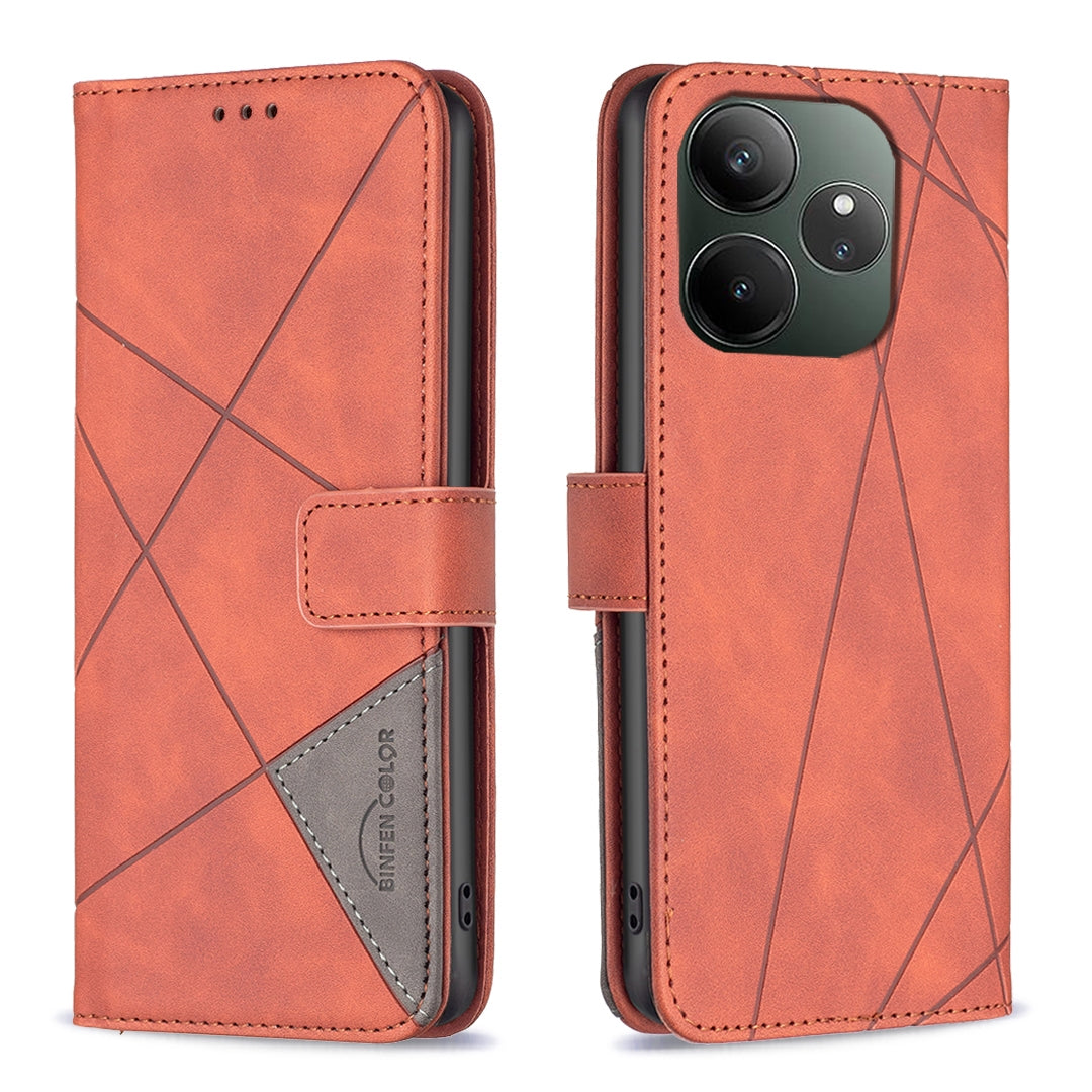Realme GT 6 Wallet Case – Rhombus Texture PU Leather, Magnetic Buckle, Card Slots, Stand Function, Shockproof Protective Cover
