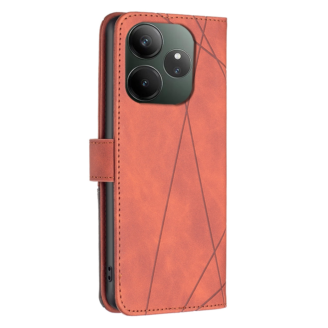 Realme GT 6T Wallet Case – Rhombus Texture PU Leather, Magnetic Buckle, Card Slots, Stand Function, Shockproof Protective Cover
