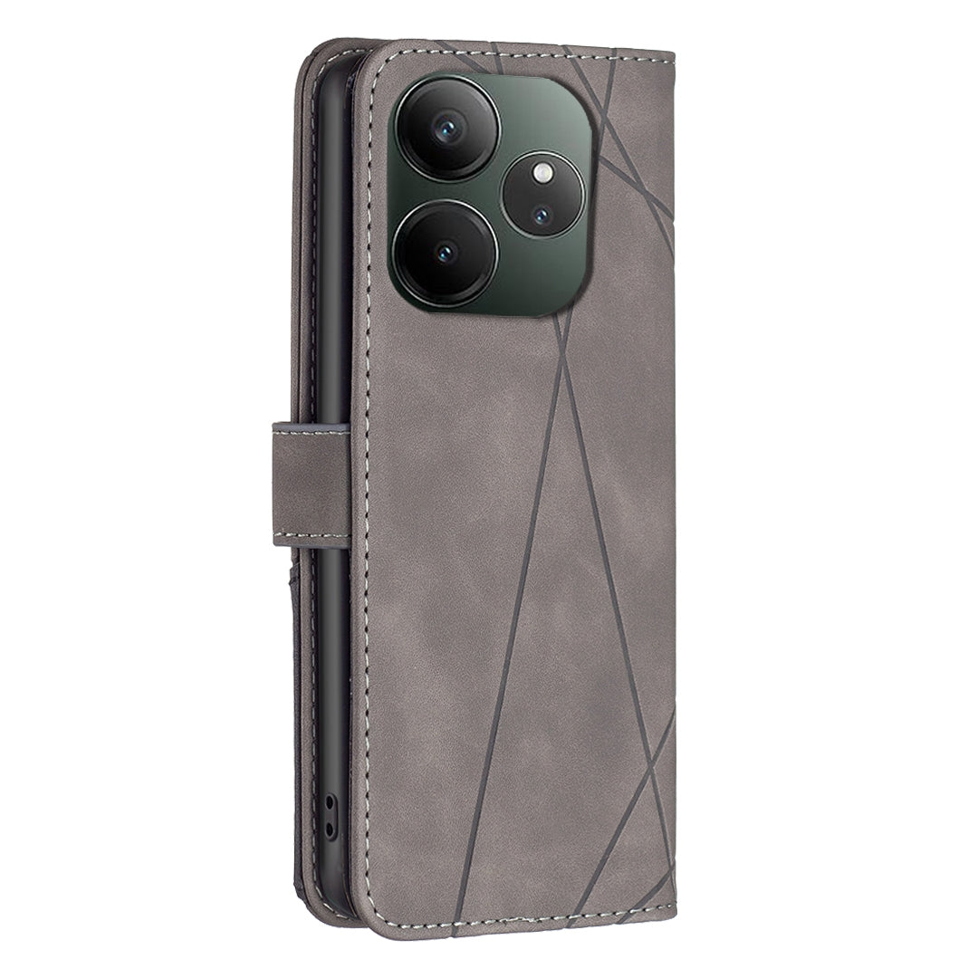 Realme GT 6 Wallet Case – Rhombus Texture PU Leather, Magnetic Buckle, Card Slots, Stand Function, Shockproof Protective Cover