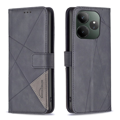 Realme GT 6 Wallet Case – Rhombus Texture PU Leather, Magnetic Buckle, Card Slots, Stand Function, Shockproof Protective Cover