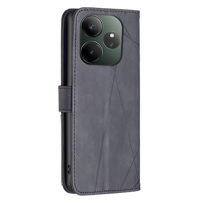 Realme GT 6 Wallet Case – Rhombus Texture PU Leather, Magnetic Buckle, Card Slots, Stand Function, Shockproof Protective Cover