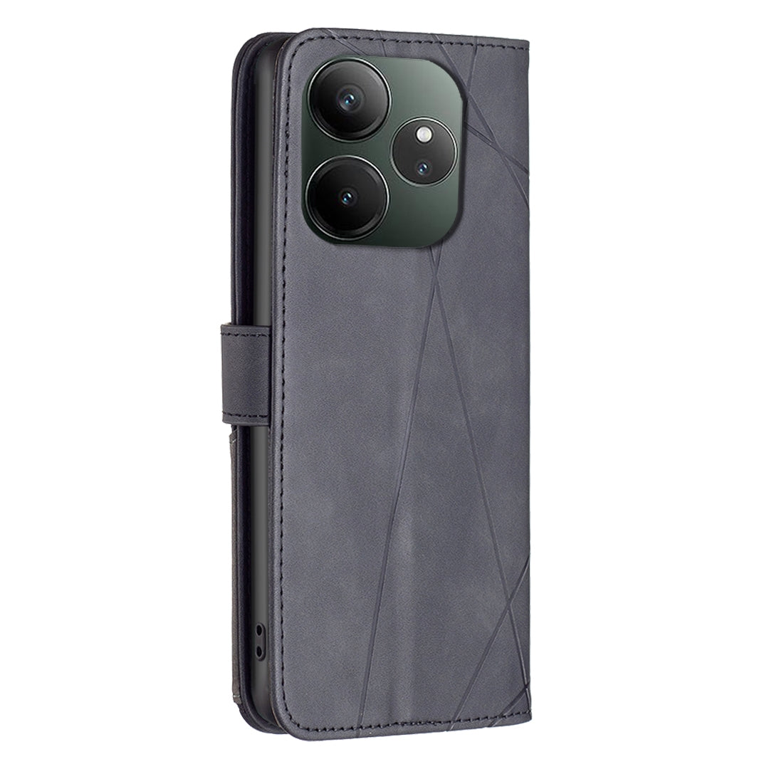 Realme GT 6T Wallet Case – Rhombus Texture PU Leather, Magnetic Buckle, Card Slots, Stand Function, Shockproof Protective Cover