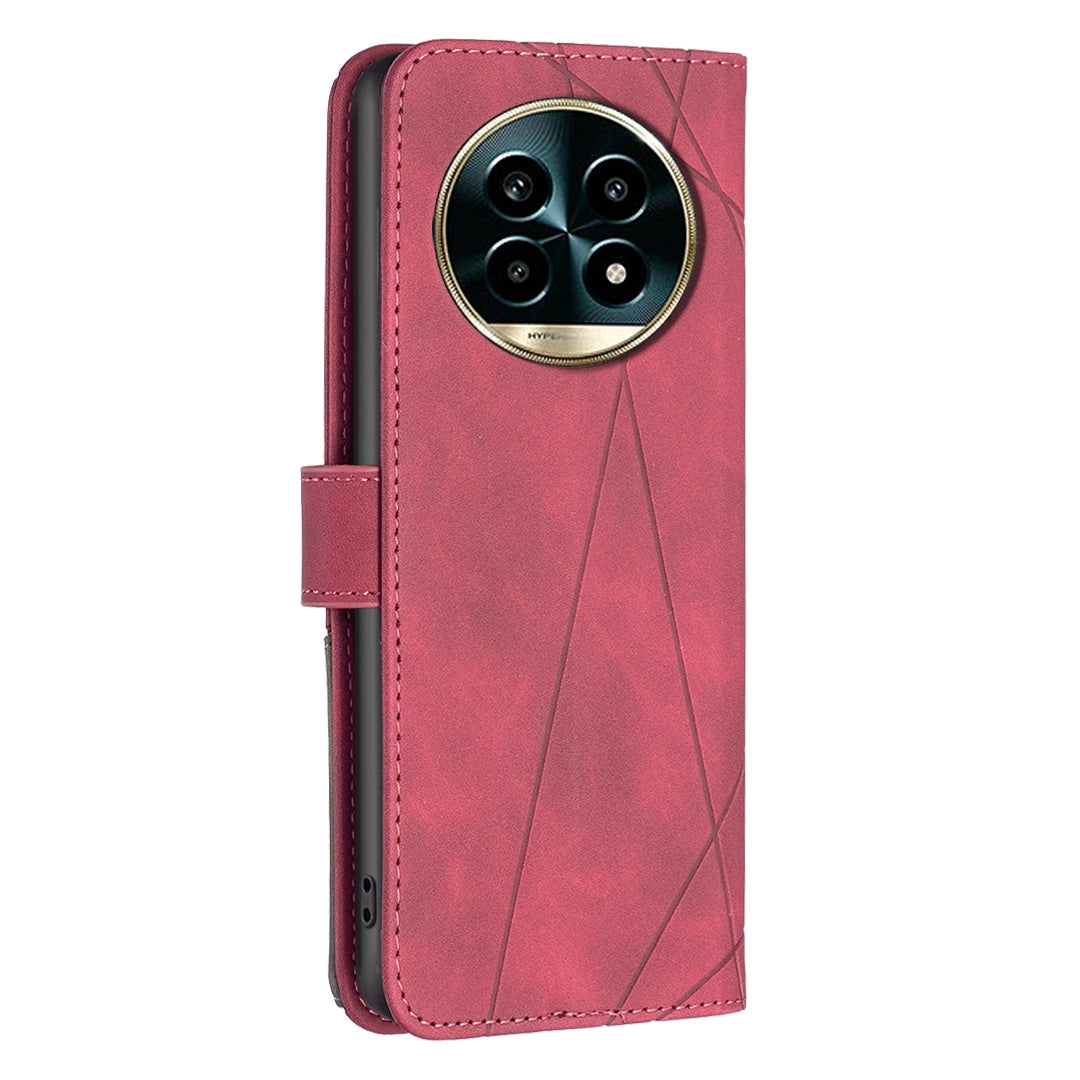 Realme 13 Pro+ 5G Wallet Case – Rhombus Texture PU Leather, Magnetic Buckle, Card Slots, Stand Function, Shockproof Protective Cover
