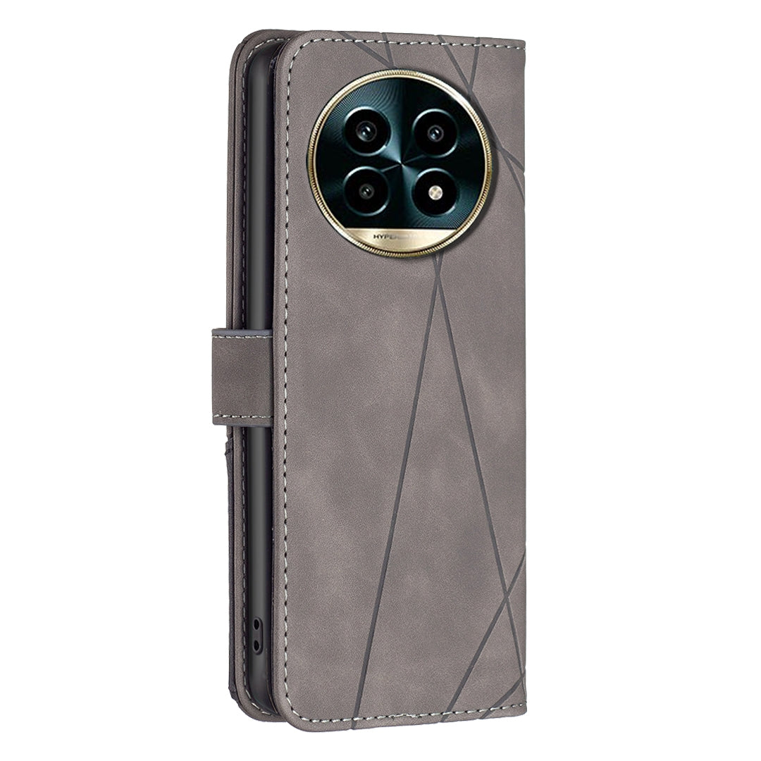 Realme 13 Pro+ 5G Wallet Case – Rhombus Texture PU Leather, Magnetic Buckle, Card Slots, Stand Function, Shockproof Protective Cover