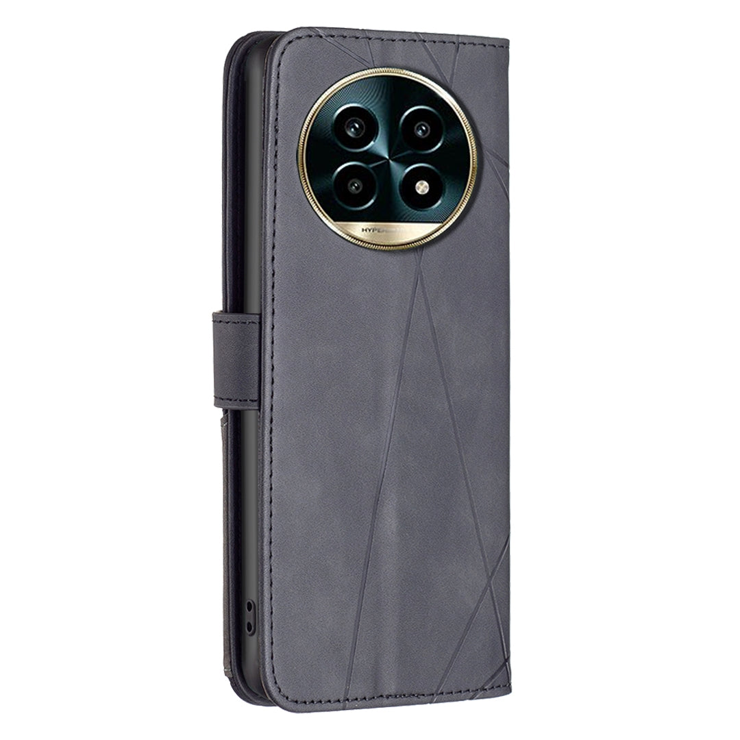 Realme 13 Pro+ 5G Wallet Case – Rhombus Texture PU Leather, Magnetic Buckle, Card Slots, Stand Function, Shockproof Protective Cover