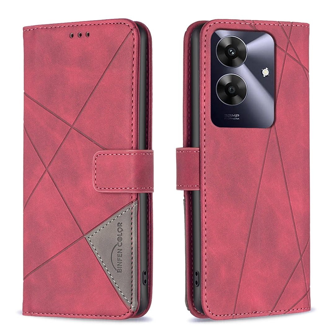 Realme C61 Wallet Case – Rhombus Texture PU Leather, Magnetic Buckle, Card Slots, Stand Function, Shockproof Protective Cover