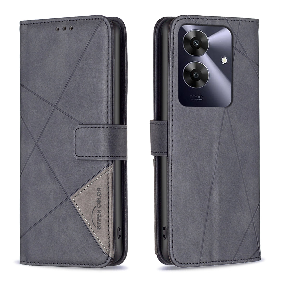 Realme Note 60 Wallet Case – Rhombus Texture PU Leather, Magnetic Buckle, Card Slots, Stand Function, Shockproof Protective Cover