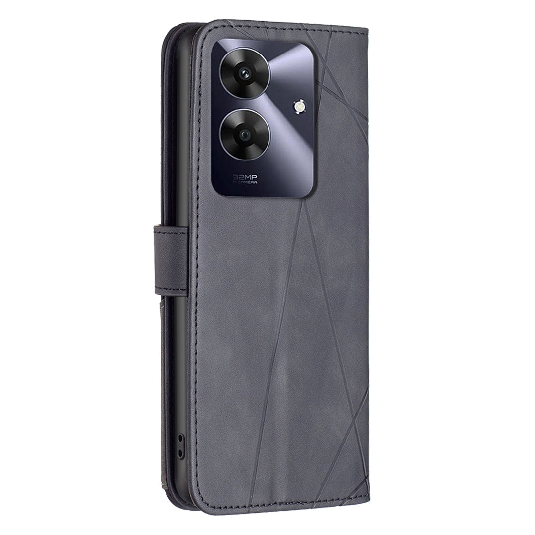 Realme C61 Wallet Case – Rhombus Texture PU Leather, Magnetic Buckle, Card Slots, Stand Function, Shockproof Protective Cover