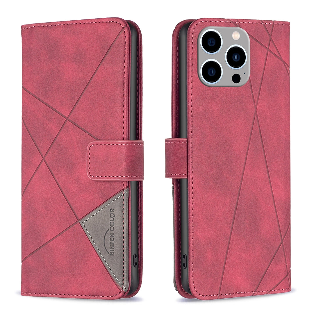 iPhone 15 Pro Max Wallet Case – Rhombus Texture PU Leather, Magnetic Buckle, Card Slots, Stand Function, Shockproof Protective Cover