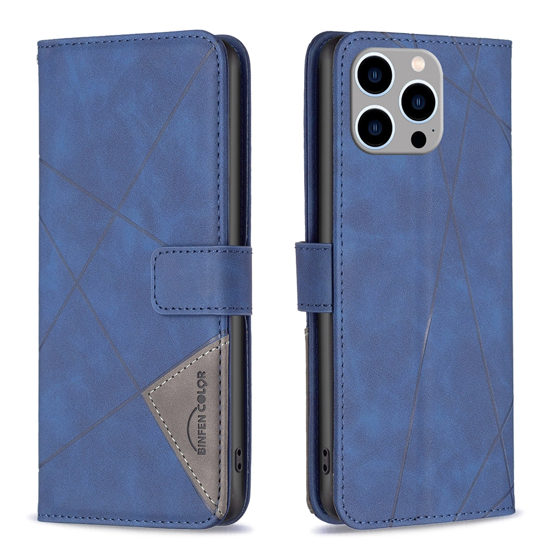 iPhone 15 Pro Max Wallet Case – Rhombus Texture PU Leather, Magnetic Buckle, Card Slots, Stand Function, Shockproof Protective Cover