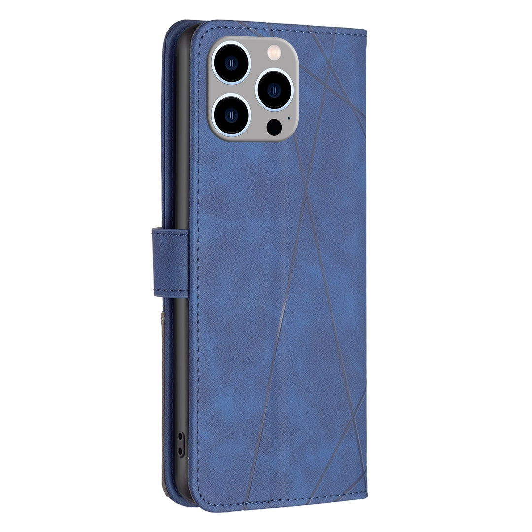 iPhone 15 Pro Max Wallet Case – Rhombus Texture PU Leather, Magnetic Buckle, Card Slots, Stand Function, Shockproof Protective Cover