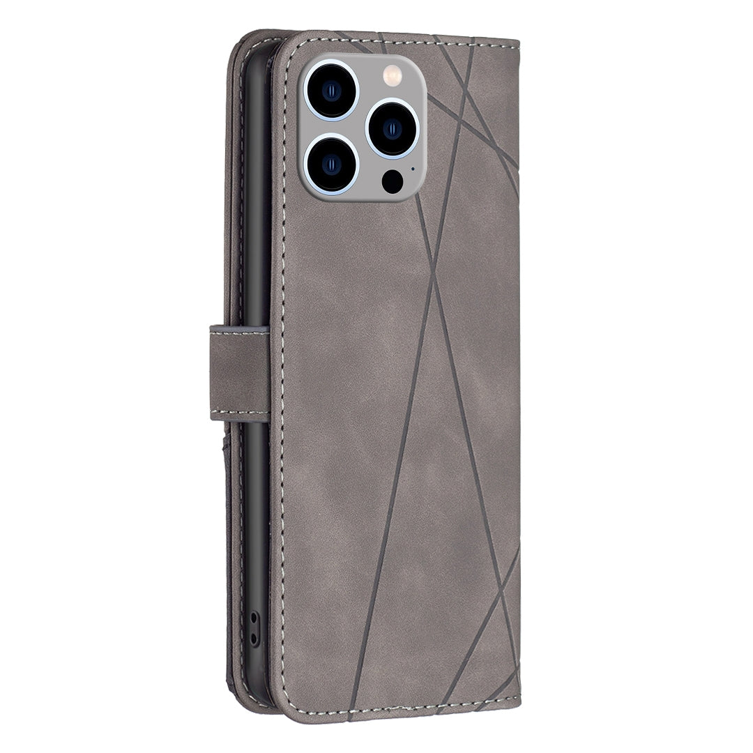 iPhone 15 Pro Max Wallet Case – Rhombus Texture PU Leather, Magnetic Buckle, Card Slots, Stand Function, Shockproof Protective Cover