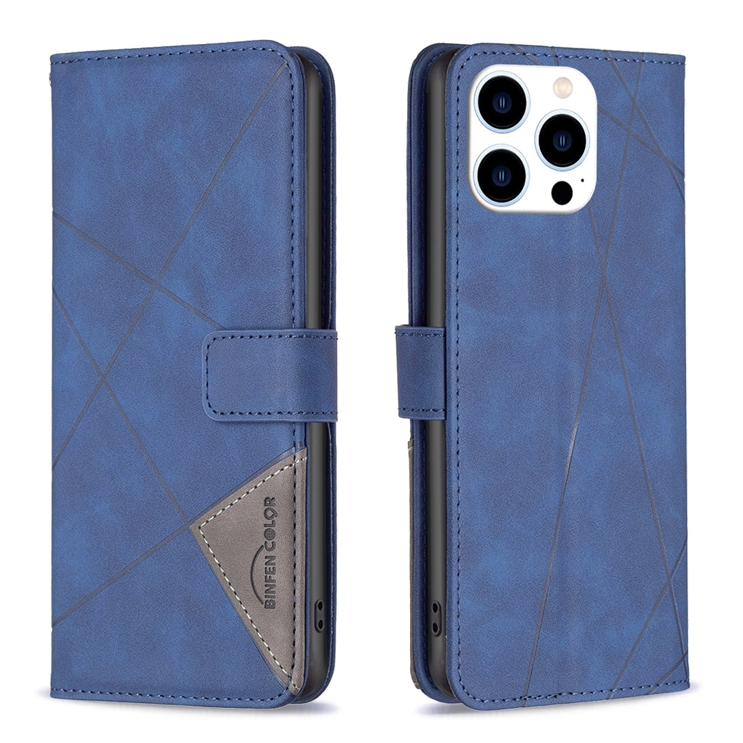 iPhone 15 Pro Wallet Case – Rhombus Texture PU Leather, Magnetic Buckle, Card Slots, Stand Function, Shockproof Protective Cover