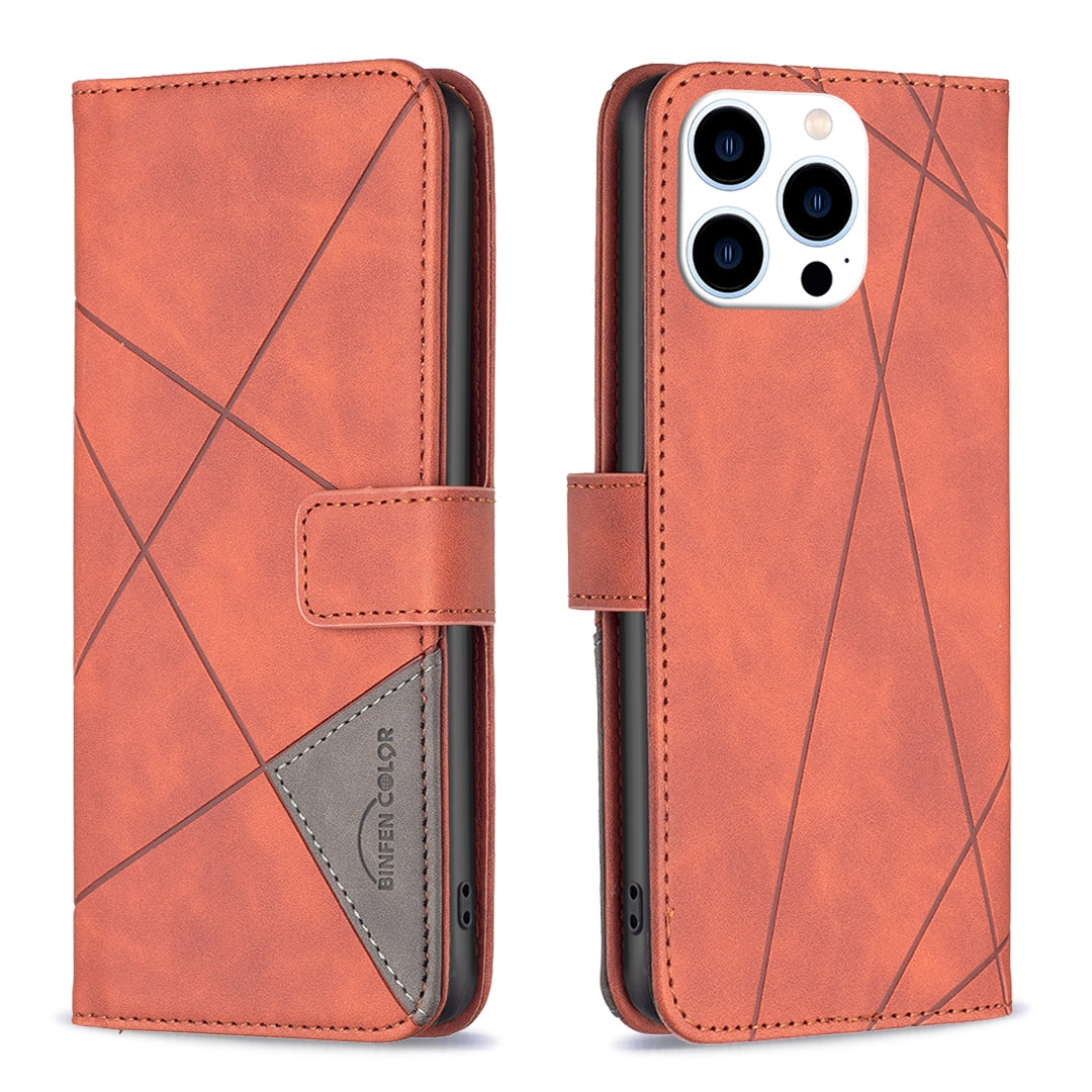 iPhone 15 Pro Wallet Case – Rhombus Texture PU Leather, Magnetic Buckle, Card Slots, Stand Function, Shockproof Protective Cover