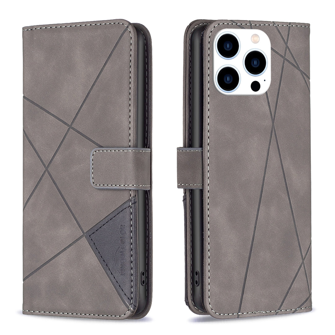 iPhone 15 Pro Wallet Case – Rhombus Texture PU Leather, Magnetic Buckle, Card Slots, Stand Function, Shockproof Protective Cover
