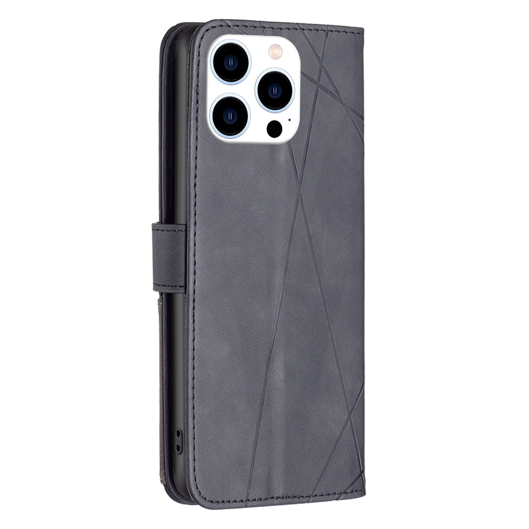 iPhone 15 Pro Wallet Case – Rhombus Texture PU Leather, Magnetic Buckle, Card Slots, Stand Function, Shockproof Protective Cover