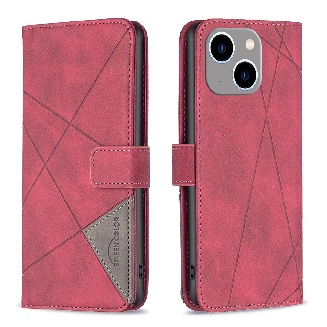 iPhone 15 Plus Wallet Case – Rhombus Texture PU Leather, Magnetic Buckle, Card Slots, Stand Function, Shockproof Protective Cover