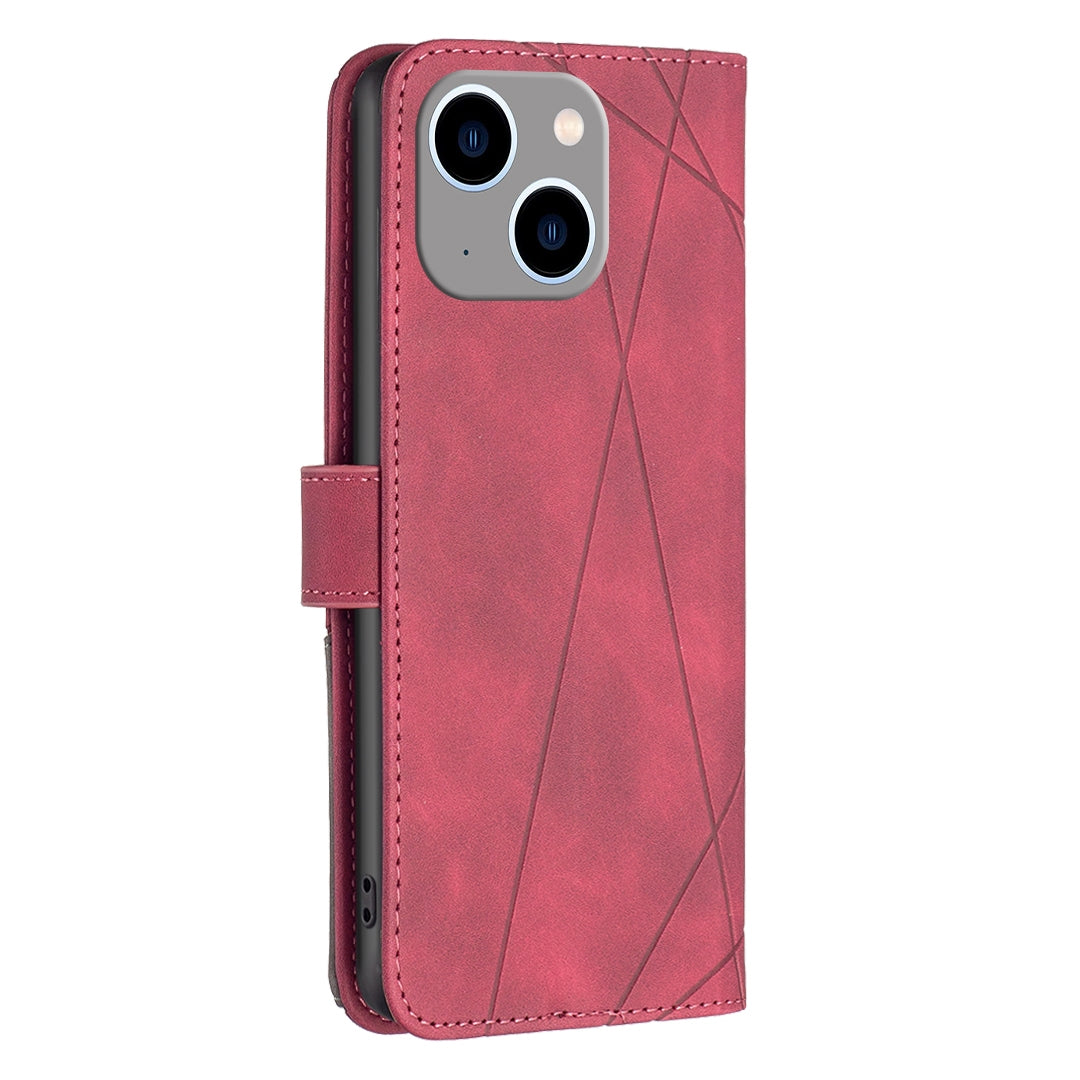 iPhone 15 Plus Wallet Case – Rhombus Texture PU Leather, Magnetic Buckle, Card Slots, Stand Function, Shockproof Protective Cover