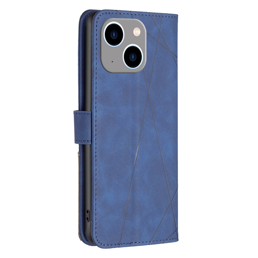 iPhone 15 Plus Wallet Case – Rhombus Texture PU Leather, Magnetic Buckle, Card Slots, Stand Function, Shockproof Protective Cover