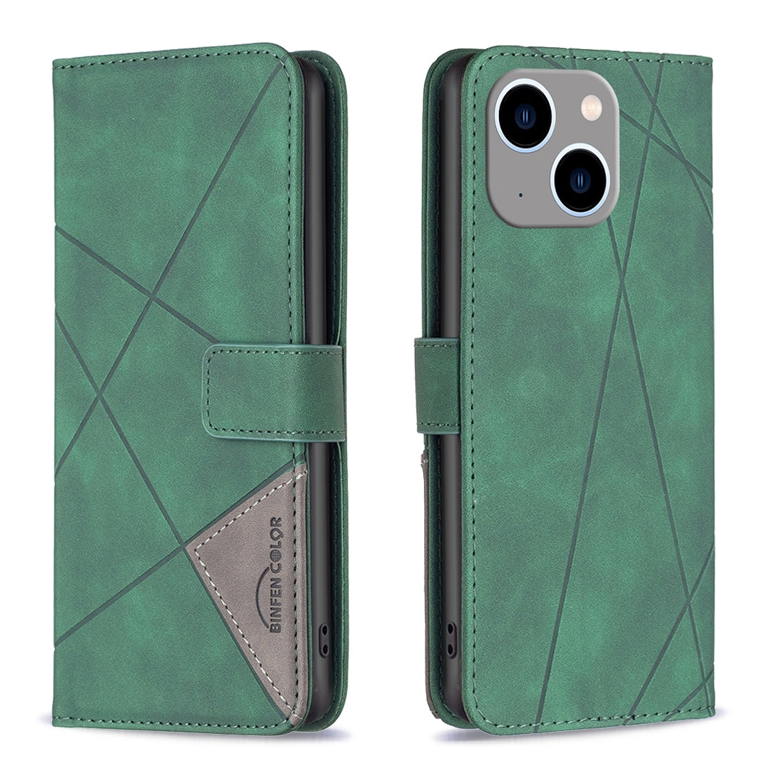 iPhone 15 Plus Wallet Case – Rhombus Texture PU Leather, Magnetic Buckle, Card Slots, Stand Function, Shockproof Protective Cover