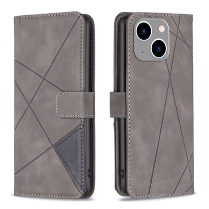 iPhone 15 Plus Wallet Case – Rhombus Texture PU Leather, Magnetic Buckle, Card Slots, Stand Function, Shockproof Protective Cover