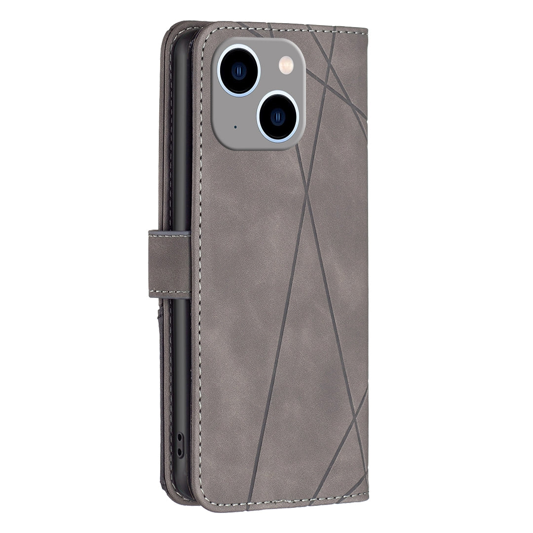 iPhone 15 Plus Wallet Case – Rhombus Texture PU Leather, Magnetic Buckle, Card Slots, Stand Function, Shockproof Protective Cover