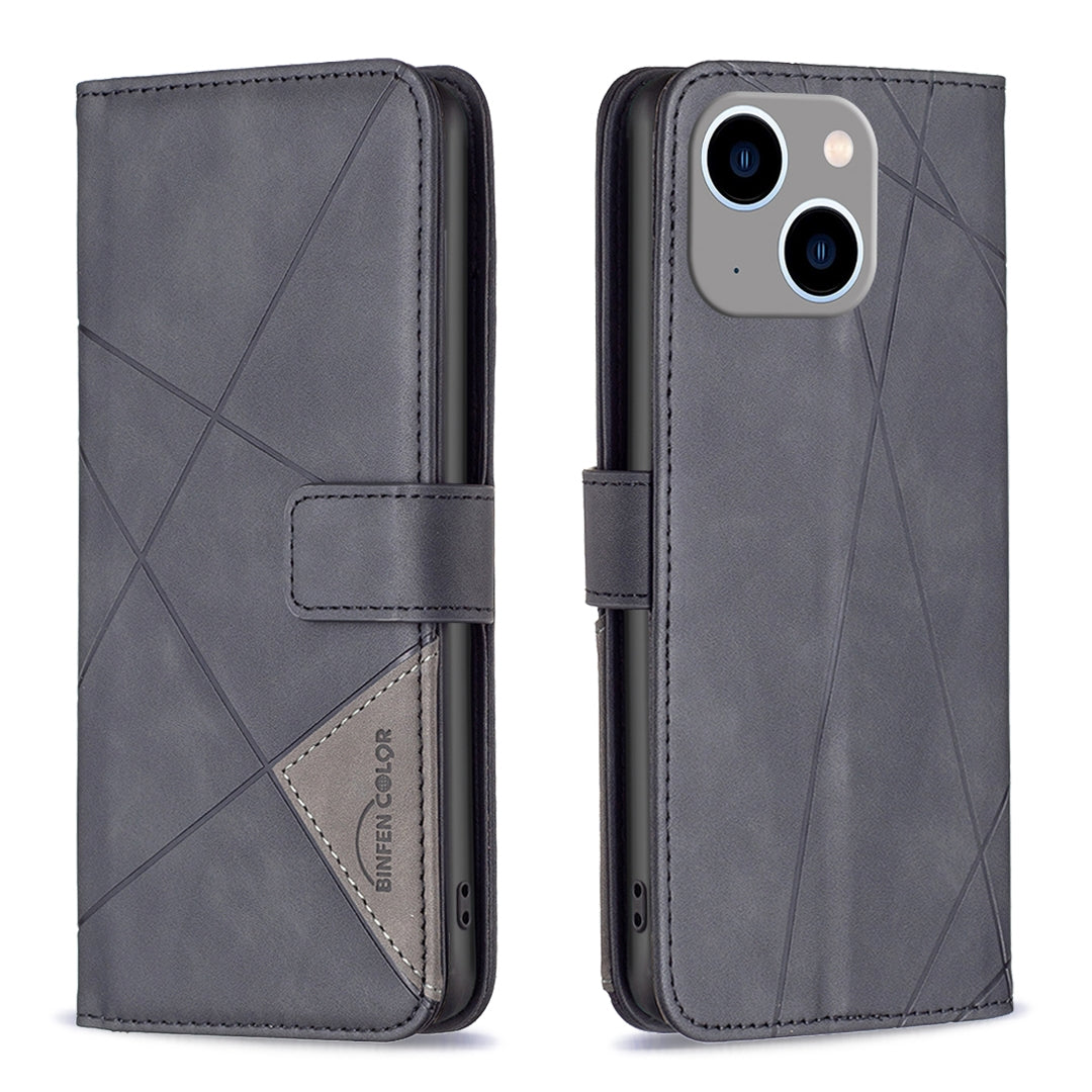 iPhone 15 Plus Wallet Case – Rhombus Texture PU Leather, Magnetic Buckle, Card Slots, Stand Function, Shockproof Protective Cover