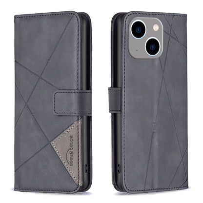 iPhone 15 Plus Wallet Case – Rhombus Texture PU Leather, Magnetic Buckle, Card Slots, Stand Function, Shockproof Protective Cover