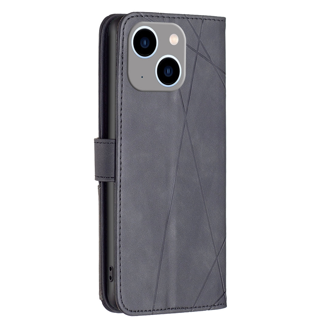 iPhone 15 Plus Wallet Case – Rhombus Texture PU Leather, Magnetic Buckle, Card Slots, Stand Function, Shockproof Protective Cover