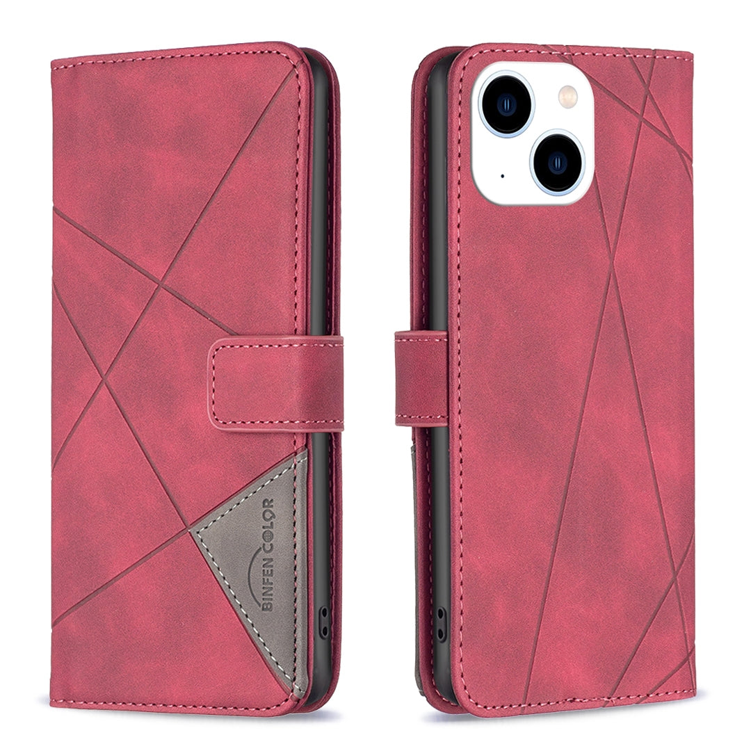 iPhone 15 Wallet Case – Rhombus Texture PU Leather, Magnetic Buckle, Card Slots, Stand Function, Shockproof Protective Cover