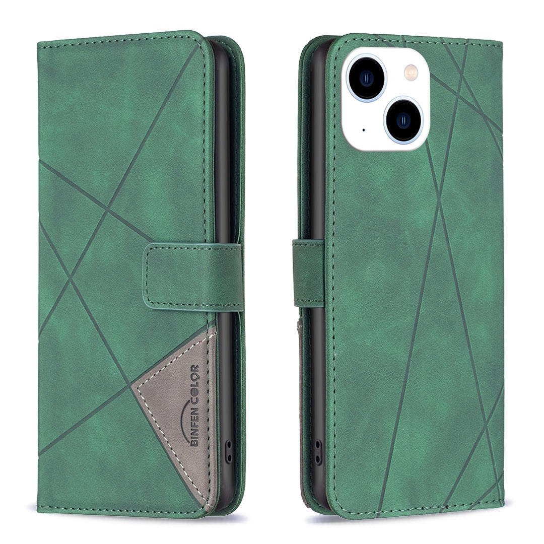 iPhone 15 Wallet Case – Rhombus Texture PU Leather, Magnetic Buckle, Card Slots, Stand Function, Shockproof Protective Cover