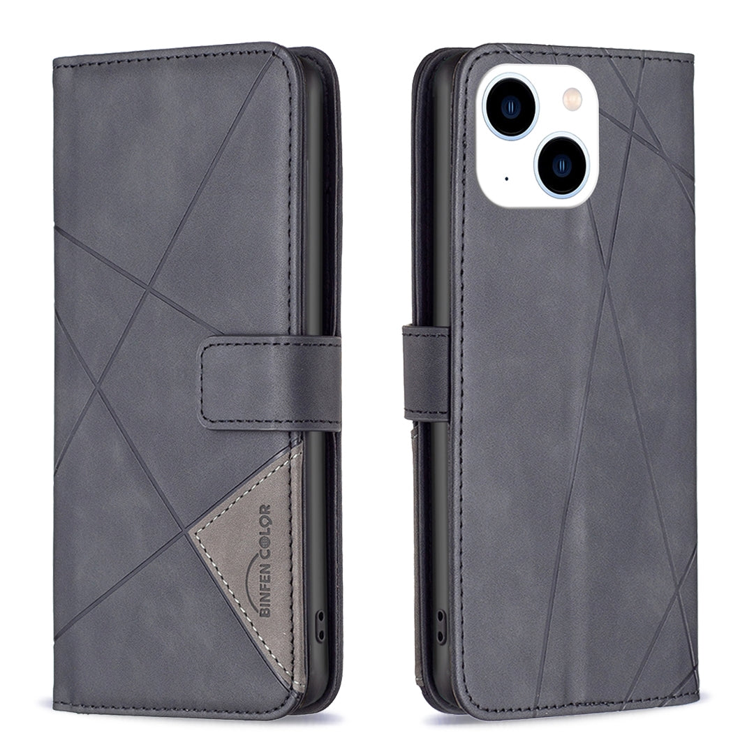 iPhone 15 Wallet Case – Rhombus Texture PU Leather, Magnetic Buckle, Card Slots, Stand Function, Shockproof Protective Cover
