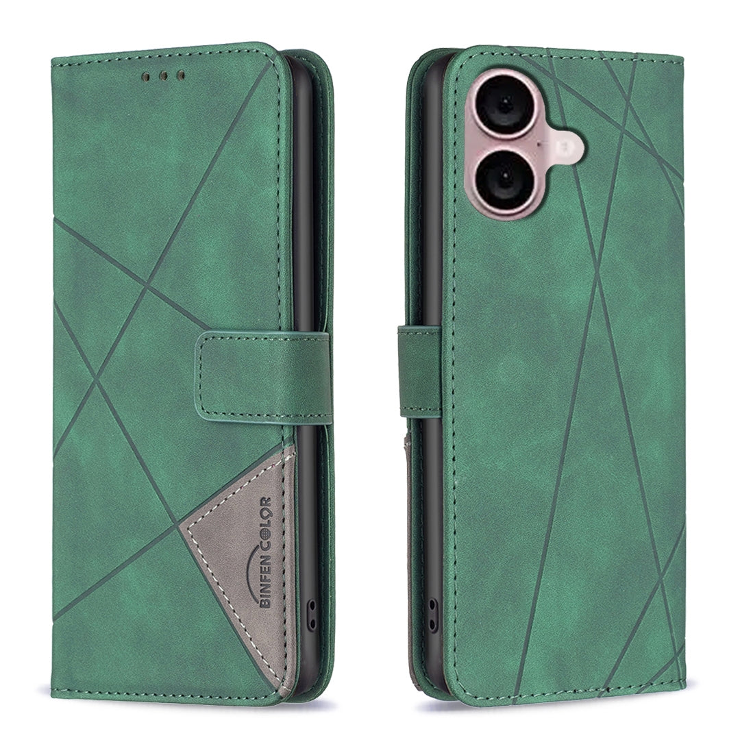 iPhone 16 Wallet Case – Rhombus Texture PU Leather, Magnetic Buckle, Card Slots, Stand Function, Shockproof Protective Cover